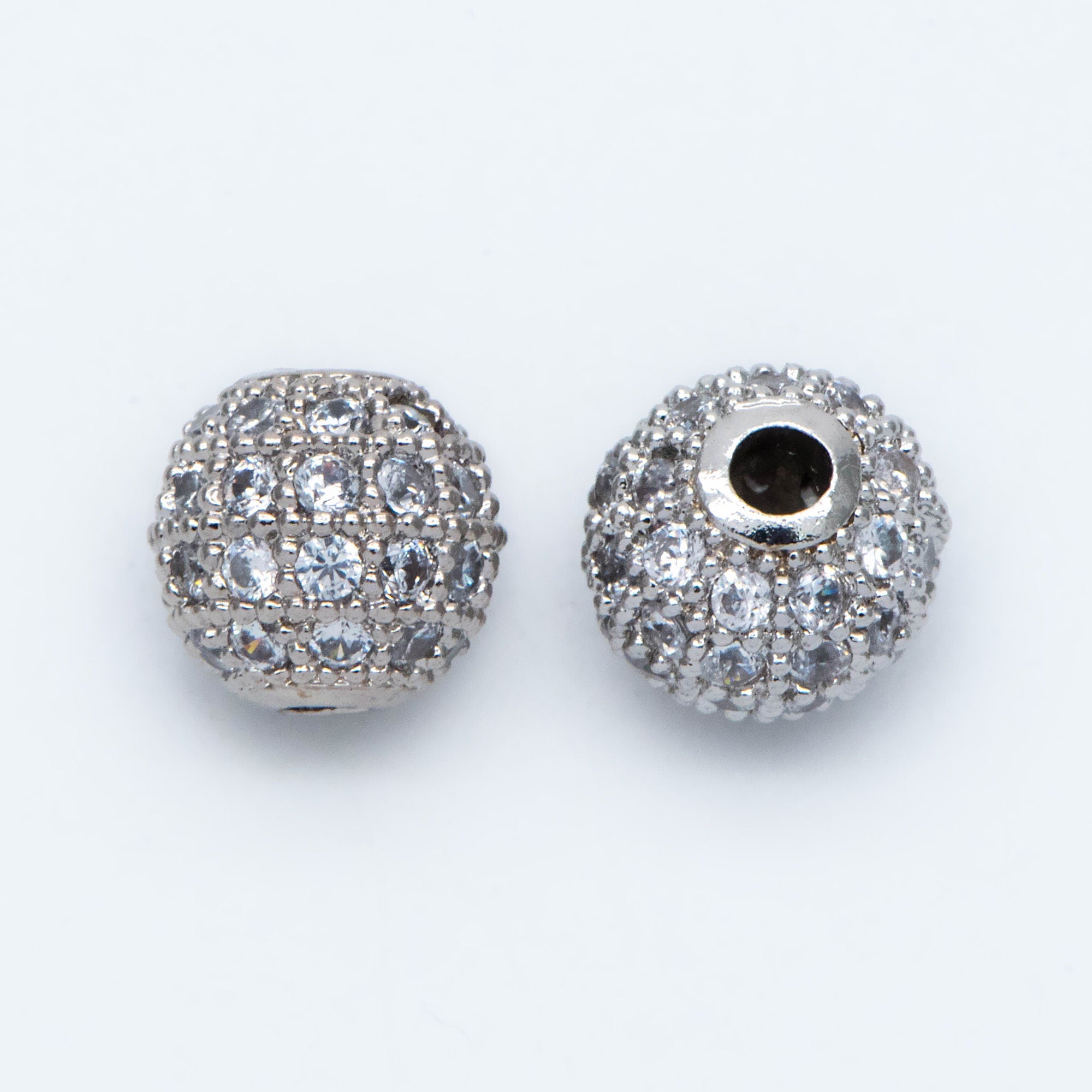 4pcs CZ pave Round Beads 8mm, Gold/ Rhodium/ Rose Gold plated Brass, Big Hole Spacer Beads (GB-2327)